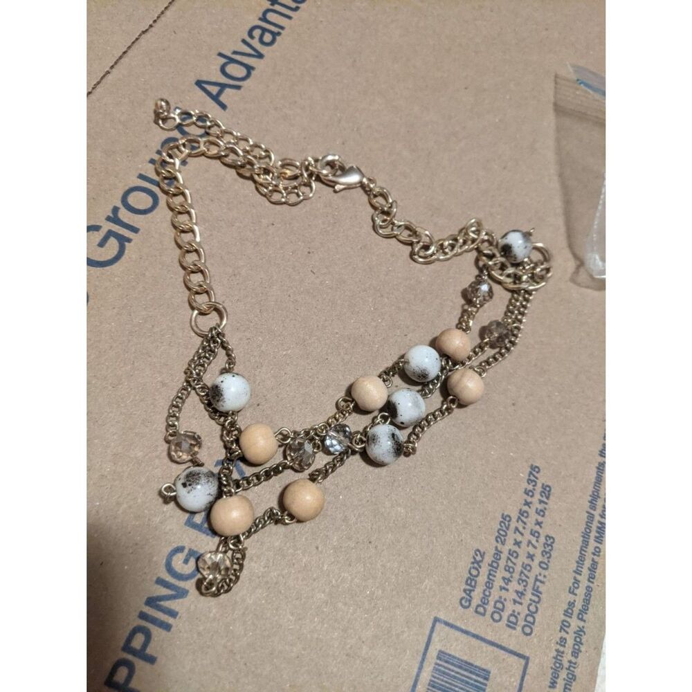 Gold Boho Layered Statement Necklace Speckled Wood Beads